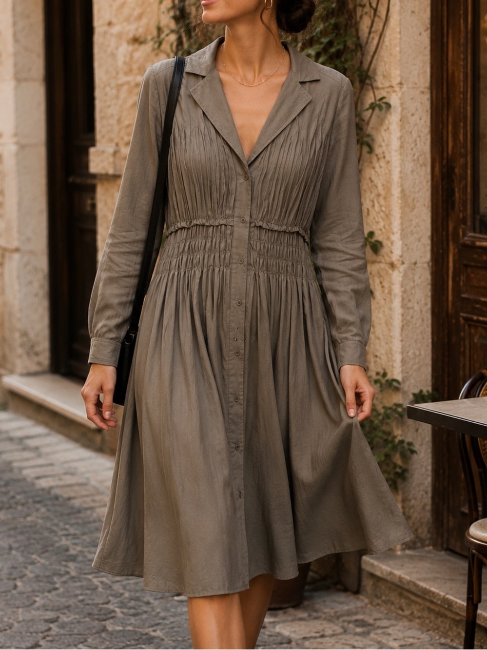 Elie Tahari Olive Brown Pleated Snap Front Shirt Dress Medium